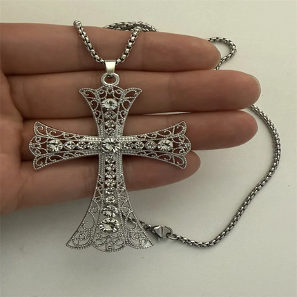 Vintage Cross Pendant Necklace Unisex Versatile Simple Long Sweater Chain Hip Hop Accessory