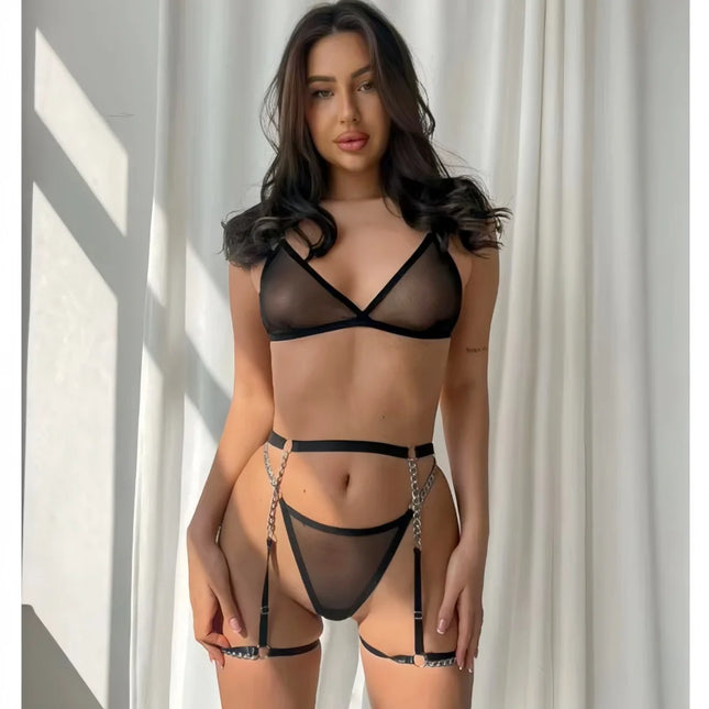 New Sexy Ultra-thin Mesh Bralette and Thongs See-through Metal Chain Decoration 4 Pcs Sexy Lingerie Set Female Underwear