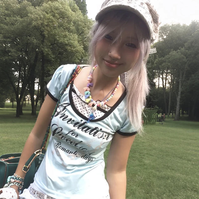 Karrram Japanese Y2k Letter Print T-shirt 2000s Style Fake Two-piece Tops Vintage Harajuku Cutecore Tshirt Lolita American Retro