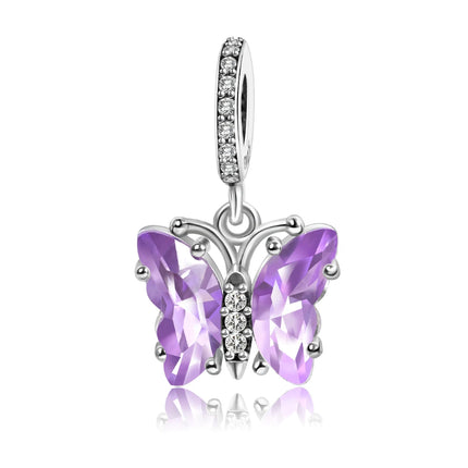 925 Sterling Silver Inlaid Heart-Shaped Beads & Rose Dangle Charm Fits Snake Bracelet Boutique Necklace Purple Pendant Gift