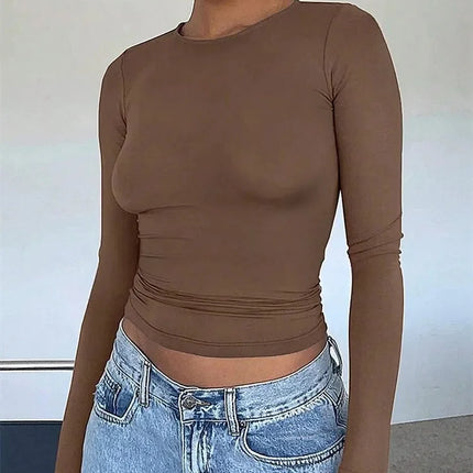 Basic Long Sleeve Crop Top for Women Spring Autumn Winter Round Neck Slim Fit Solid Color T-shirt Streetwear Tee Top