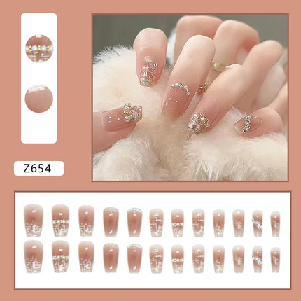 White Camellia 24 Pcs Press on Nails Pink Nail polish Glossy Artificial Finger Manicure Reusable False Nails
