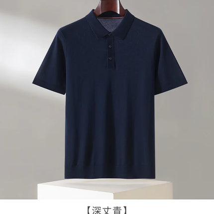 100% Lyocell men's T-shirt casual solid color knitted pullover short sleeved loose POLO collar Tees Pull on vest Tops