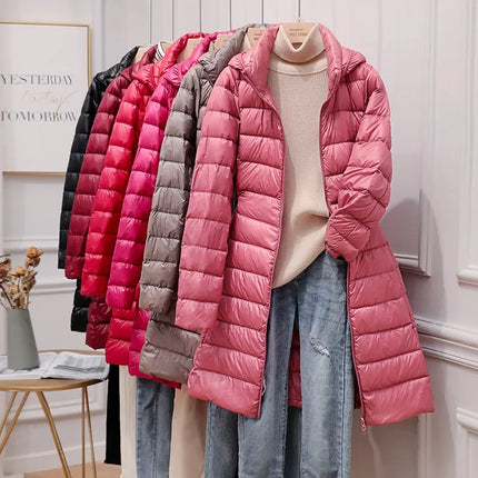 Haze Blue Women's Lightweight Long Jacket, Hooded Long Sleeve Coat, Asian Size M-7XL, Red, Black, Blue, Purple Available Parkas
