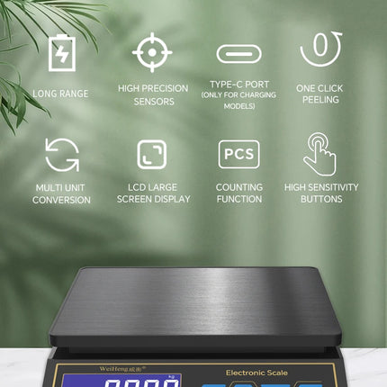LCD Digital Kitchen Scale 30kg/1g Rechargeable Stainless Steel Panel Electronic Scales Home Jewelry Food Weighing Baking Tools