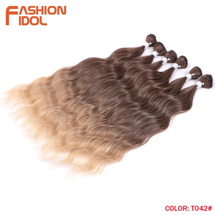 FASHION IDOL Water Wave Hair Bundles Synthetic Hair Extensions Ombre Blonde Hair Weave Bundles 6pcs 20" High Temperature Fiber