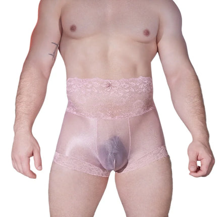 Lace Silky Underwear Men Sexy Lingerie Sheer Oil Glossy Sissy Pouch Panties High Elastic Boxers Femboy Gay Crossdresser Undies
