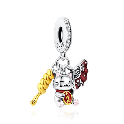 925 Sterling Silver Charms Beads Original Japanese Doll Fortune Cat Charm Fit Brand Bracelets Bangles DIY Jewelry For Women