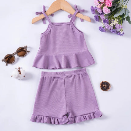 Summer 2024 New Baby Girl Solid Color 2pcs Bow Halter Ruffle Top + Shorts Fashion Comfortable Breathable Cute