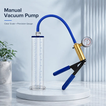Sex Toys Vacuum Pump Trainer with Clear Acrylic Measuring Cylinder Blue Hose Metal Pressure Gauge and Manual Air Control Handle