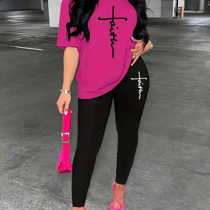 Women's Sports Outfit Set, Plus Size Abstract Figure Print long Sleeve T-shirt Top & Medium Stretch Comfy Pants Fitness Outfit