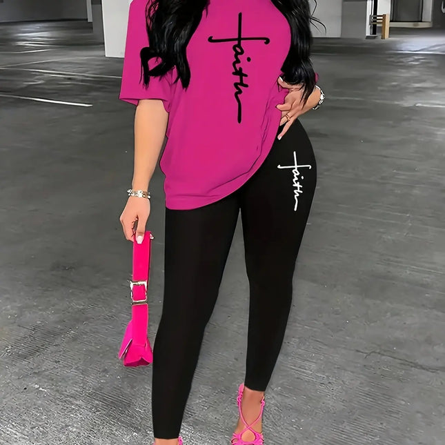 Women's Sports Outfit Set, Plus Size Abstract Figure Print long Sleeve T-shirt Top & Medium Stretch Comfy Pants Fitness Outfit