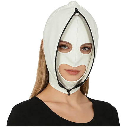 Leather Mask Full Face Double Layer Headgear Zip Head Hood Adjustable Lace-up Leather Bondage Masks Halloween Cosplay Party Mask