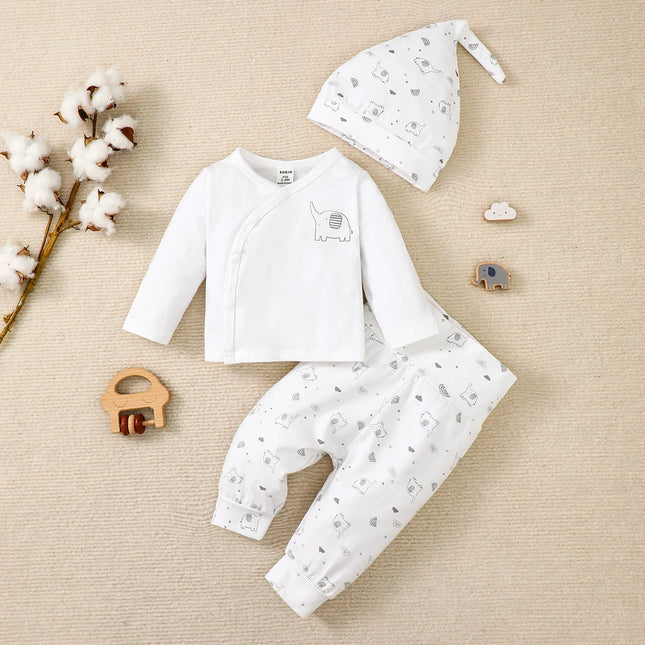 Ensemble Bébé Col Rond Haut Manches Longues+Pantalon Imprimé Éléphant+Chapeau 3 pièces Convient pour l'Automne pour Bébés Âgés de 0 à 9 Mois
