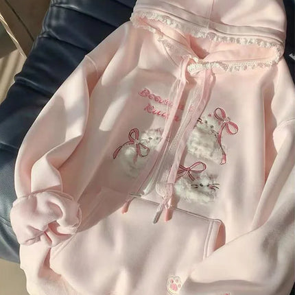 Cute Cartoon Bow Hoodies Women Loose Sweet Lace Patchwork Kawaii Sweatshirts Japan Preppy Style Spring Long Sleeve Pink Tops New