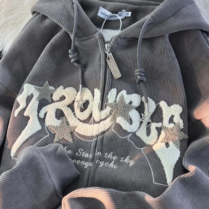 Vintage Streetwear Zip Up Tops Oversized Star Graphics Print Hoodies 2024 Women American Retro Graphic Hooded Sweatshirts