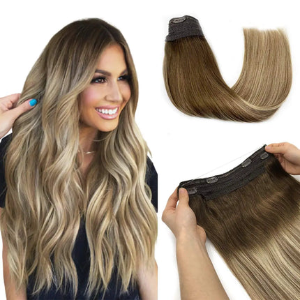 Sunmofavo Wire Halo Hair Extensions Real Human Hair Fish Line with 4 Secure Clips Golden Ombre Gradient for Women Daily Wear
