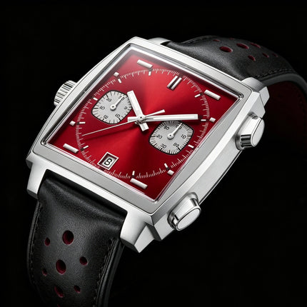 White Black Blue Leather Square Men Watch, VK63 Quartz Chronograph Wristwatch with Sapphire Crystal