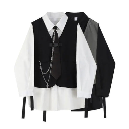 Men Women Gothic Shirt Suit Korean Loose Long-sleeved Blouse Functional Workwear Suit Vest Two-piece Set 2023 Spring Autumn Top