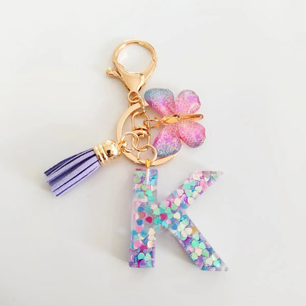 Fashion Butterfly Fringe Initial Keychain Drop Glue Blend Sequin A-Z26 Letter Keychain Cute Ladies Student Bag Accessory Gift