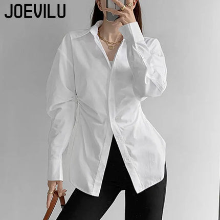 JOEVILU White Shirt Women’s Waist-defining Blouse Slim Fit Long Sleeve Tops Figure-hugging Office Shirts Korean Style Clothes