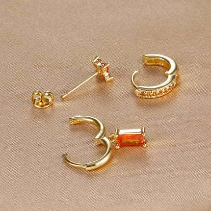 3PCS Fashion Orange Blue Zircon Hanging Earrings Set for Women Stainless Steel Flower Dangle Earring Piercing Jewelry