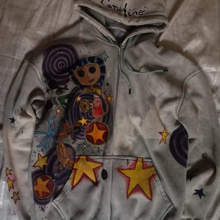 Coraline Graphic Print Grey Zip Up Hoodie Star Pattern Hand Painted Oversized Soft Streetwear Y2K Retro for Women Daily Wear