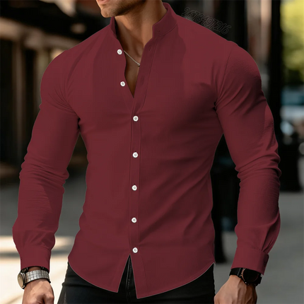 21 New Colors Men's Solid Color Long-Sleeved Stand Collar Shirt, Comfortable, Casual, Business, High-Quality, Elegant Men's Top