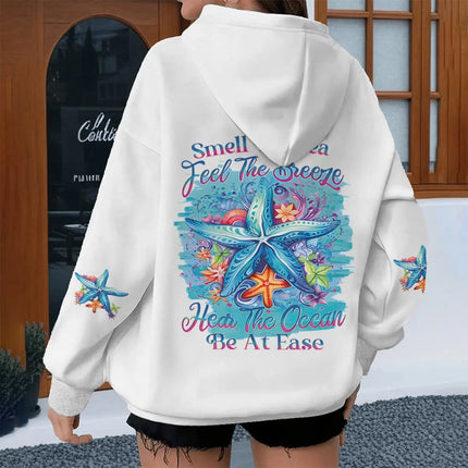 New Hawaiian Flower Print Creative Letter Hoodies Women's Long Sleeve Streetwear Ocean Beach Series Female Hoodie Gifts