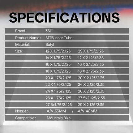 361 Degrees Bike Inner Tube 33/48MM Schrader Valve Bicycle Tube MTB Bike Cycling Tire Tubes 12/14/16/18/20/22/24/26/27.5/29 Inch