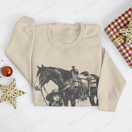 Women Oversized Sweatshirt, Cowgirls Horse & Dog Print Crew Neck Sweatshirts Casual Long Sleeve Plus Size Hoodless Pullovers