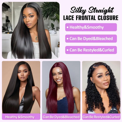13x4 Lace Frontal Closure 100% Brazilian Human Hair Straight Pre-Plucked with Baby Hair Ear to Ear Bleached Knots Natural Black