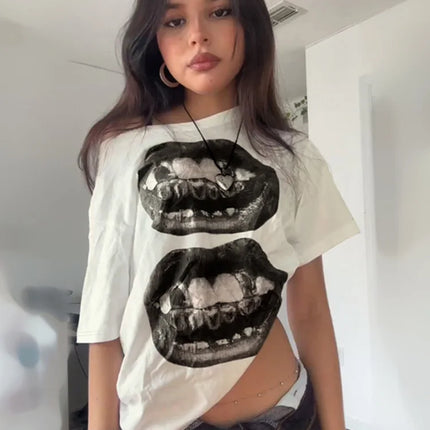 American Street Hip Hop Mouth Print Loose T-shirt Women Personalized Casual Top