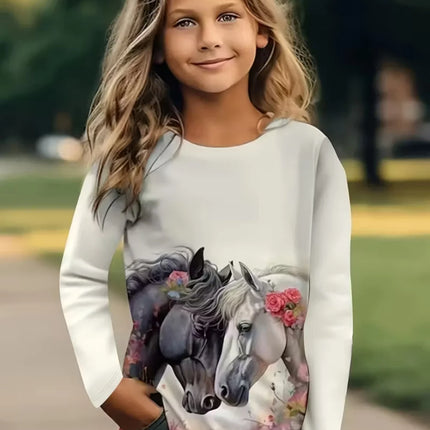 Girl Clothes Fashion Horse 3D Print Kids Long Sleeves T-Shirt Loose Casual Autumn Tops Outdoor Comfortable Children's Clothing