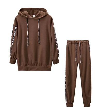 2-Piece Drawstring Hooded Trousers Suit Leopard Print Casual Long Sleeve Tracksuit Solid Casual Pullover Sweatshirt and Pants Set