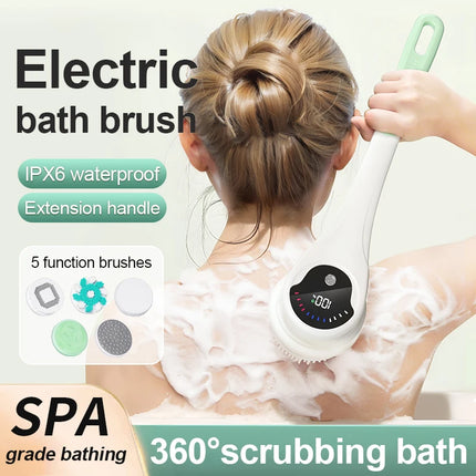 Electric Body Brush Back Skin Scrubber for Shower Waterproof Bath Brush with 5 Heads 3 Levels for Cleansing and Massaging Skin