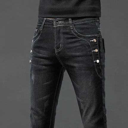 Men's Vintage Jeans Designer Korean Fashion Snowflake Wash Stretch Straight Pencil Pants Classic Slim Male Denim Trousers