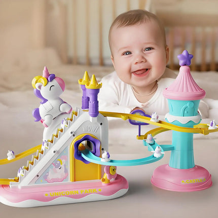 ABS Electric Unicorn Track Toy, 3 Mini Unicorns, Auto Stair Climbing, LED Music Castle Slide Girls Gift