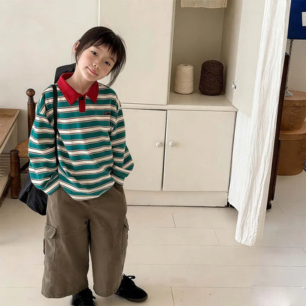 2026 Spring Children's Clothes Girls Long Sleeved T-shirts Toddler Boys Striped Tops Autumn 1-6Year Kids Polo Shirt