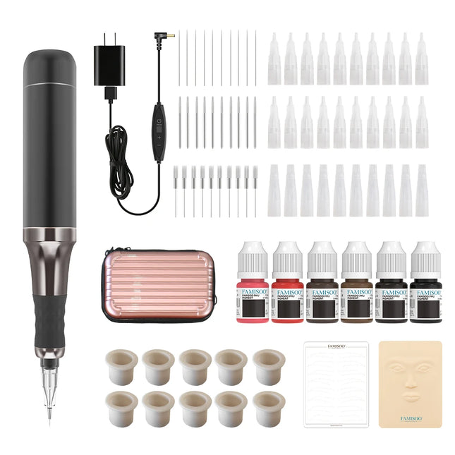 FAMISOO Professional Permanent Makeup Machine Kit Tattoo Machine For Eyebrows Eyeliner Lip Body Tattoo With 6PCS Pigment Needle