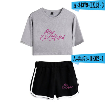 Youthful Black White After We Collided Girl Dew navel Two Piece Set Sexy Short Sleeve Crop T-shirts+Shorts Pants Tracksuit