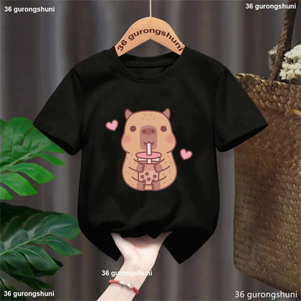 Funny T-Shirt Capybara With Turtle Loves Bubble Milk Tea Printed T-Shirt Girls/Boys Kawaii Kids Clothes Harajuku Shirt Tops