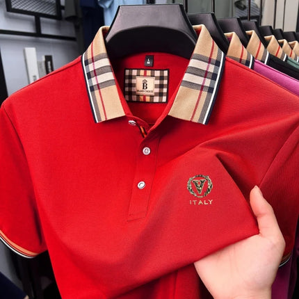 High quality silky cotton short sleeve polo shirt men's luxury brand letter embroidery striped lapel summer breathable T-shirt