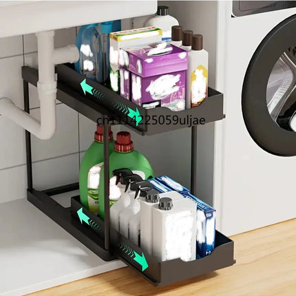Double-layer pull-out kitchen storage rack multi-functional organizer, shelf, suitable for kitchen sink storage