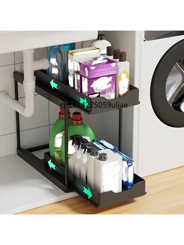 Double-layer pull-out kitchen storage rack multi-functional organizer, shelf, suitable for kitchen sink storage