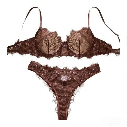 Ladies' Basic Style Thin Lace Bra and Panty Set Seamless Single Layer Eyelet Underwear Comfortable Intimate Apparel