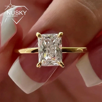 1CT 2CT 3CT Emerald/Radiant Cut Moissanite Engagement Ring Solitaire Lab Diamond 925 Silver 18K Gold Plated Wedding Band Jewelry