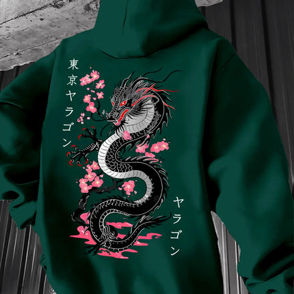 Autumn Winter Viral Korean Streetwear Double Sided Japanese Dragon Sakura Print Hoodie Y2K Eboy Oversized Long Sleeve Pullover
