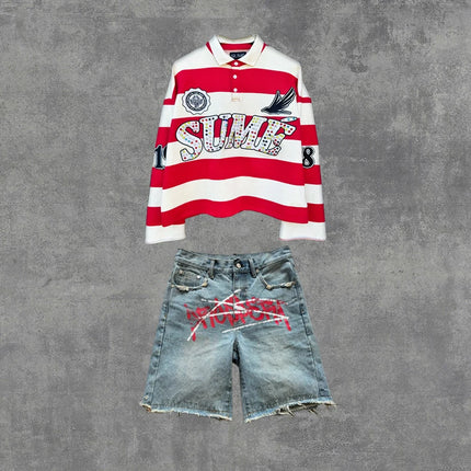 2 Pcs Shirts Co-ords Sume Rugby Diamond Embroidery Stripe Polo Shirt Y2K Retro Classic Unisex Oversized Long Sleeved Shirts Sets