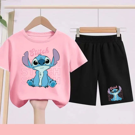 Kids Disney Stitch Print Summer Cute Breathable Tees + Shorts 2pcs 3-12 Years Boy Girls Round-neck Set Children Leisure Clothing